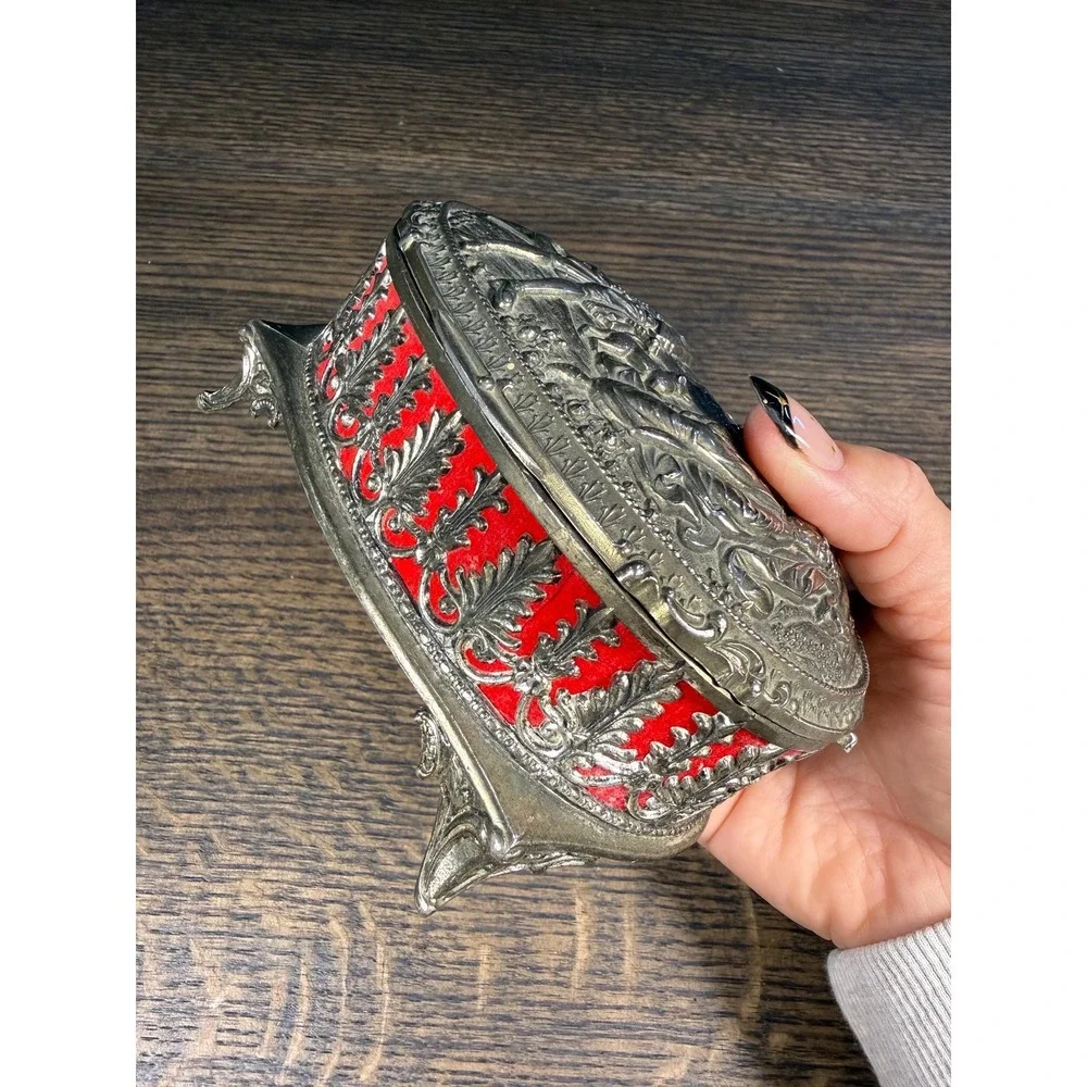 Vintage‎ Metal Jewelry Casket with Red Velvet Interior